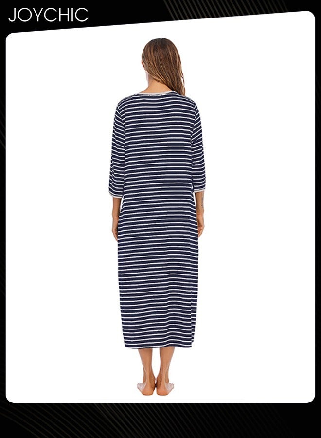 Joychic Autumn and Winter Women Casual Home Wear Loose Comfortable Three-quarter-sleeved Long Round Collar Striped Nightgown with Pockets Navy Blue+White - Image 4