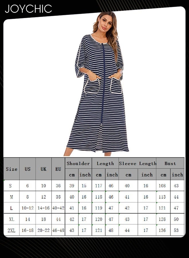 Joychic Autumn and Winter Women Casual Home Wear Loose Comfortable Three-quarter-sleeved Long Round Collar Striped Nightgown with Pockets Navy Blue+White - Image 5