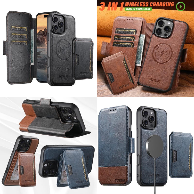 Suteni For Iphone 13 Q06S3 3-In-1 Splicing Detachable Vertical Flip Wallet Magsafe Leather Phone Case(Brown) - Image 5