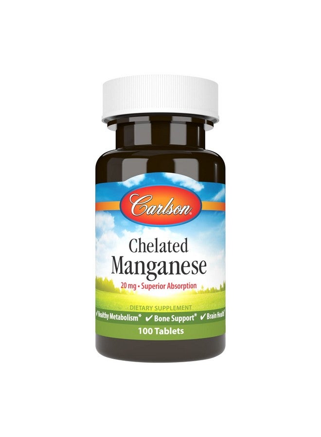 Carlson Chelated Manganese 20 Mg Superior Absorption Healthy Metabolism Bone Support & Brain Health 100 Tablets - Image 1
