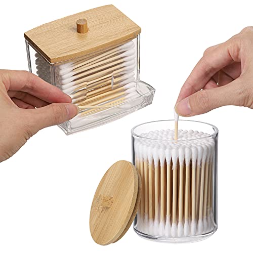 Tbestmax Qtips Holder Bathroom Container, 10/7 OZ Cotton Ball/Swabs Dispenser, Apothecary Jar Organizer for Storage Wood Lids - Image 3