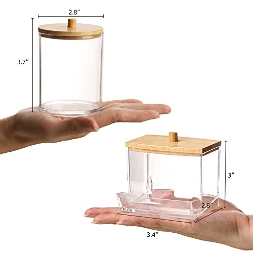 Tbestmax Qtips Holder Bathroom Container, 10/7 OZ Cotton Ball/Swabs Dispenser, Apothecary Jar Organizer for Storage Wood Lids - Image 2