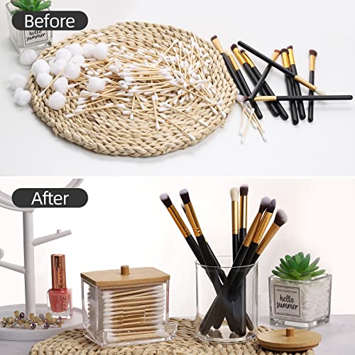 Tbestmax Qtips Holder Bathroom Container, 10/7 OZ Cotton Ball/Swabs Dispenser, Apothecary Jar Organizer for Storage Wood Lids - Image 4