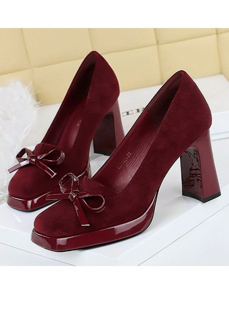 BIGTREE Womens Platform Chunky High Heels Suede Square Closed Toe Bowknot Decoration Pumps Red 9CM - Image 1