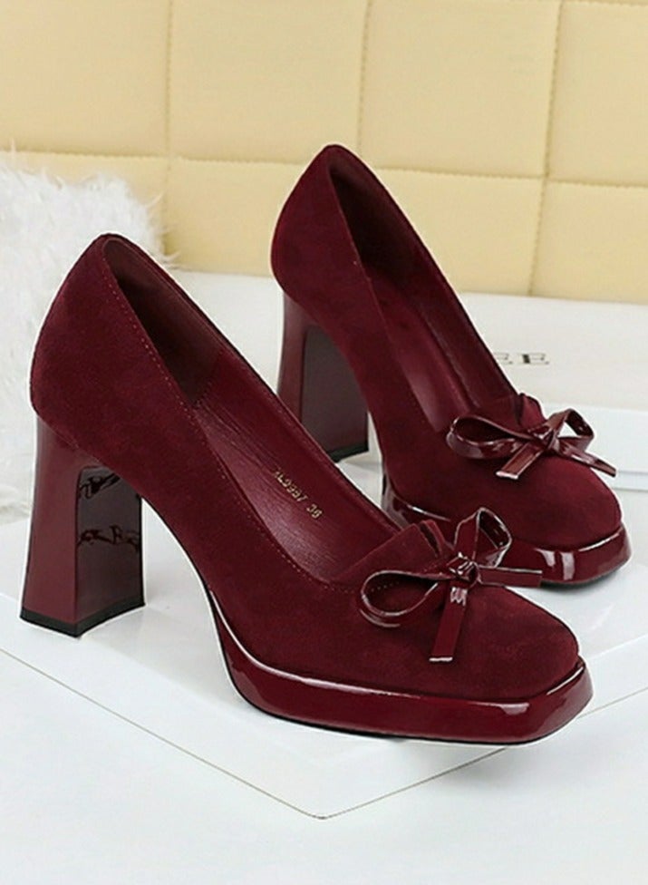 BIGTREE Womens Platform Chunky High Heels Suede Square Closed Toe Bowknot Decoration Pumps Red 9CM - Image 2