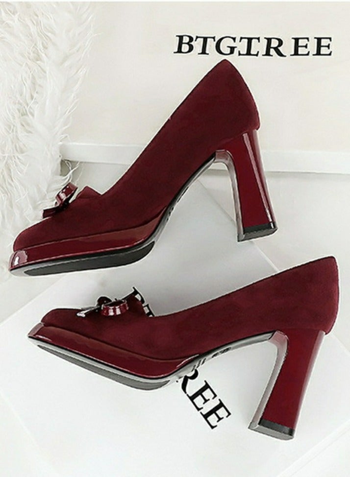 BIGTREE Womens Platform Chunky High Heels Suede Square Closed Toe Bowknot Decoration Pumps Red 9CM - Image 3