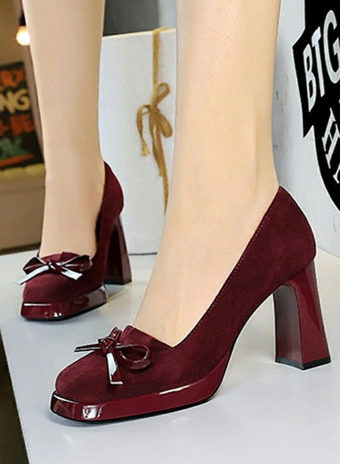 BIGTREE Womens Platform Chunky High Heels Suede Square Closed Toe Bowknot Decoration Pumps Red 9CM - Image 4