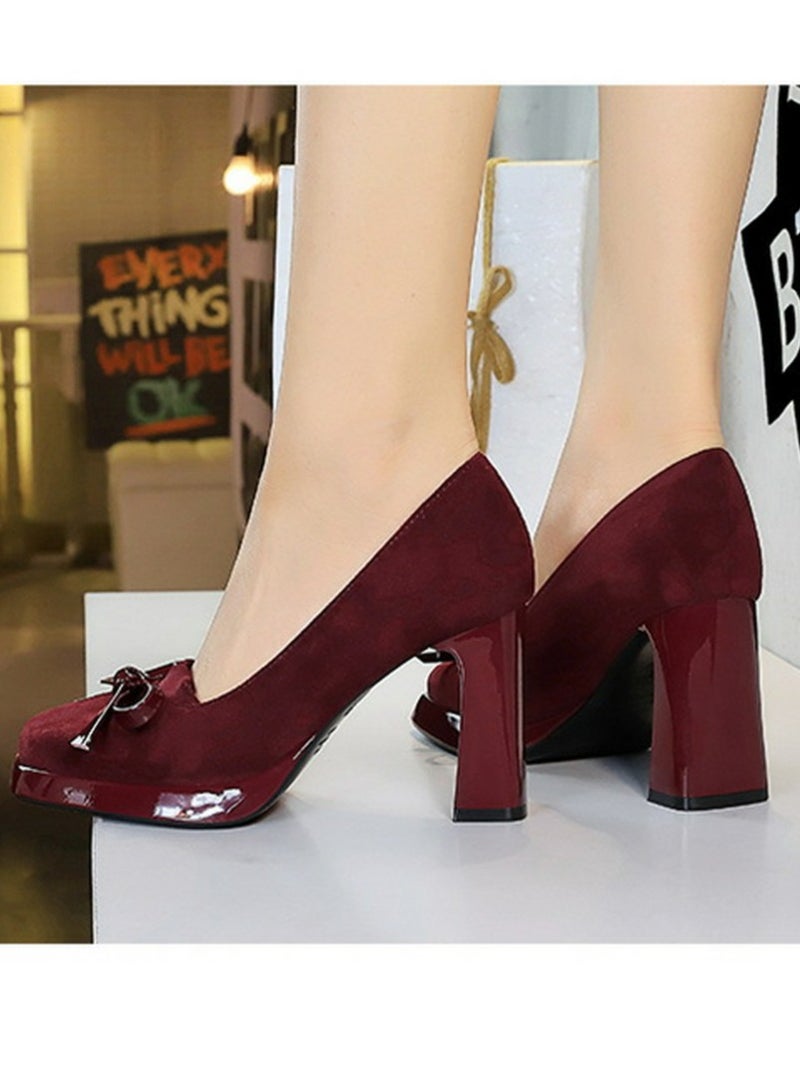 BIGTREE Womens Platform Chunky High Heels Suede Square Closed Toe Bowknot Decoration Pumps Red 9CM - Image 5