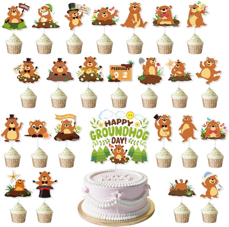 Konsait 25 PCS Groundhog Cupcake Toppers Groundhog Day Decorations Happy Groundhog Day Party Cake Decor Animal Themed Cake Topper Spring Party Supplies - Image 1