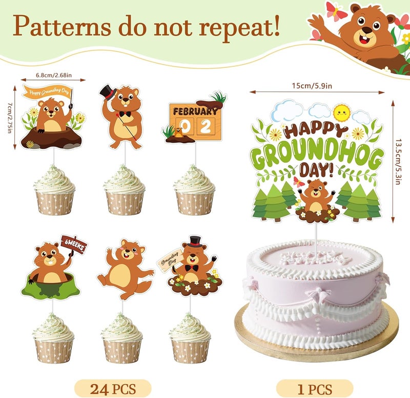 Konsait 25 PCS Groundhog Cupcake Toppers Groundhog Day Decorations Happy Groundhog Day Party Cake Decor Animal Themed Cake Topper Spring Party Supplies - Image 2