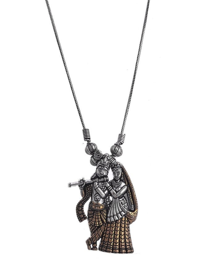 NAMAN ARTS Oxidised Dual Tone Radha Krishna Tribal Deity Pendant Necklace for Women | Antique Gold Figurine Charm | Pure Brass Lightweight Ethnic Boho Chain Necklace - Image 1