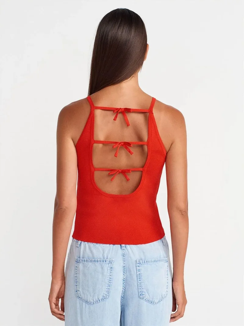 ديلفين DILVIN Slim Fit Halter Knit Blouse With Bow Detail