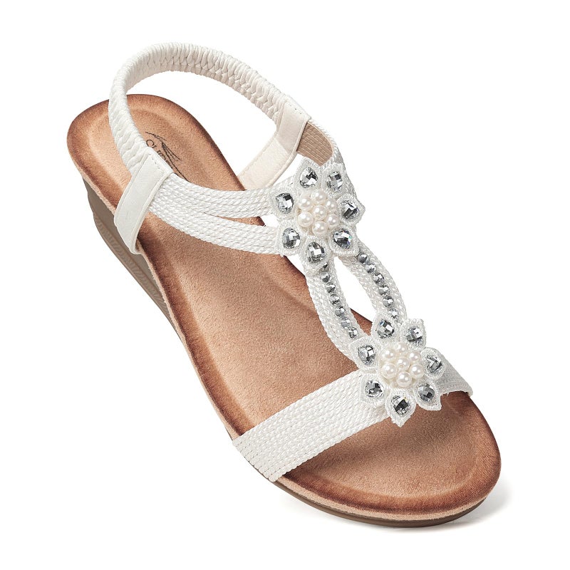 SHIBEVER Wedge Sandals for Women Flower Rhinestone Low Heel Platform Sandals Elastic Ankle Strap Open Toe Dressy Summer Comfortable Shoes White 5