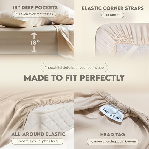 ArthCrafted 100% Eucalyptus Tencel Queen Bed Sheets, 18 Inch Deep Pocket Queen Sheets, Cooling Sheets with Elastic Corner Straps, Eucalyptus Silk Tencel Lyocell (Oat Milk, 4PC Queen) - Image 2