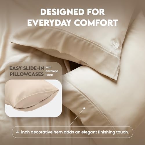 ArthCrafted 100% Eucalyptus Tencel Queen Bed Sheets, 18 Inch Deep Pocket Queen Sheets, Cooling Sheets with Elastic Corner Straps, Eucalyptus Silk Tencel Lyocell (Oat Milk, 4PC Queen) - Image 5