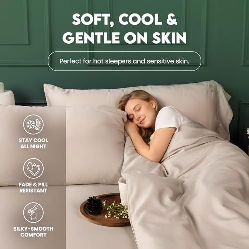 ArthCrafted 100% Eucalyptus Tencel Queen Bed Sheets, 18 Inch Deep Pocket Queen Sheets, Cooling Sheets with Elastic Corner Straps, Eucalyptus Silk Tencel Lyocell (Oat Milk, 4PC Queen) - Image 3