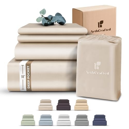 ArthCrafted 100% Eucalyptus Tencel Queen Bed Sheets, 18 Inch Deep Pocket Queen Sheets, Cooling Sheets with Elastic Corner Straps, Eucalyptus Silk Tencel Lyocell (Oat Milk, 4PC Queen) - Image 1