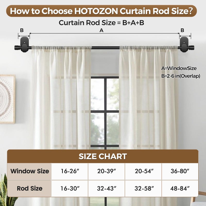 HOTOZON Curtain Rods No Drilling 32 to 86 Inch, HOTOZON 5/8 Inches No Drill Curtain Rods for Windows 55 to 82 Inches(4.5-6.8 ft), Renter Friendly Adjustable Small Drapery Rod for Lightweight Curtains, Black - Image 4