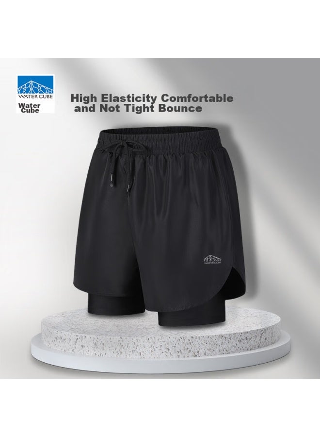 WATER CUBE Shuili Fang Men's Swim Trunks, Double-layer Anti-embarrassment, Quick-drying, Comfortable, Breathable, Beach Shorts, Hot Spring Swimwear, Black, XL - Image 3
