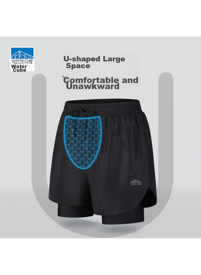 WATER CUBE Shuili Fang Men's Swim Trunks, Double-layer Anti-embarrassment, Quick-drying, Comfortable, Breathable, Beach Shorts, Hot Spring Swimwear, Black, XL - Image 1