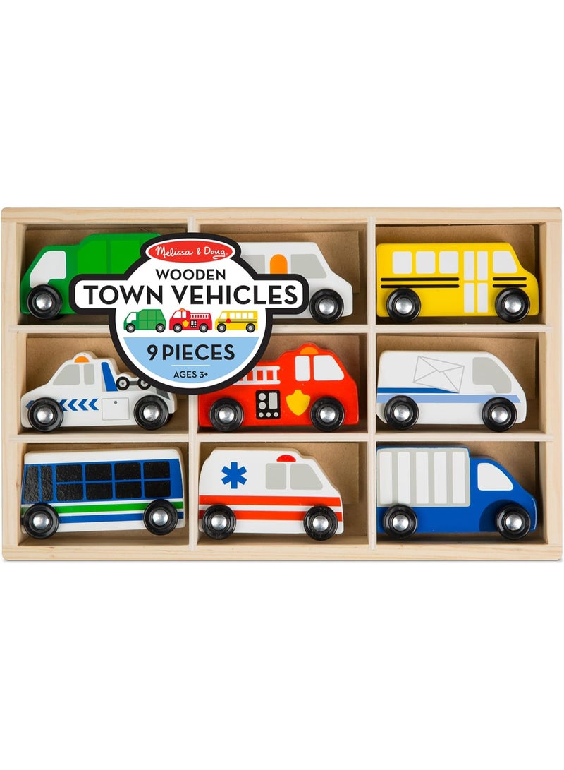 Melissa & Doug Wooden Town Vehicles Set – 9-Piece Wooden City Cars - Image 1