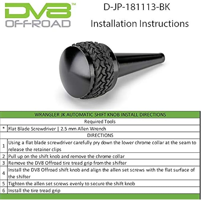 DV8 Offroad  Billet Aluminum Replacement Automatic Transmission Shift Knob for Wrangler  Includes Patented Tire Tread Rubber Grip  Anodized Finish 20112018 Wrangler JK Gloss Black - Image 5
