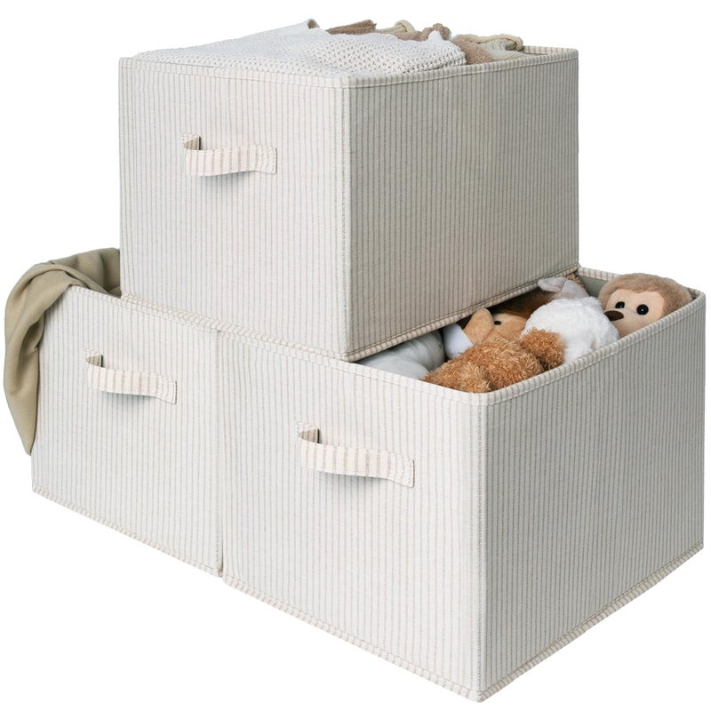 StorageWorks Foldable Shelf Organizer Bins, Closet Storage Baskets for Clothes, Storage Bins for Organization, Beige Stripes, 3-Pack, Extra Large - Image 1