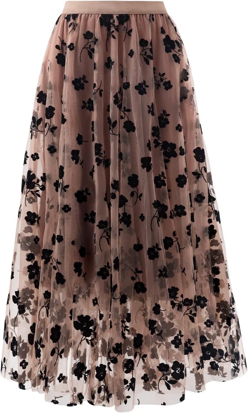 Reaowazo Skirts for Women Midi Long Length Dressy Casual Trendy Summer Tulle A-Line Floral High Waist Skirt Khaki L-XL - Image 1