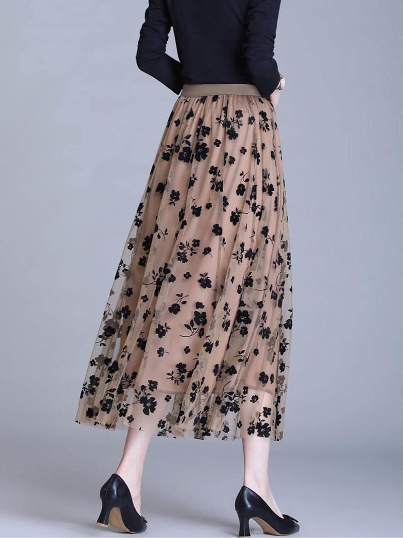 Reaowazo Skirts for Women Midi Long Length Dressy Casual Trendy Summer Tulle A-Line Floral High Waist Skirt Khaki L-XL - Image 4