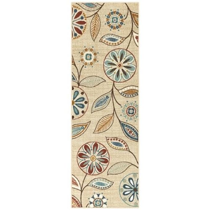 Maples Rugs Reggie Floral Runner Rug - Made in USA - Washable, Non Slip Indoor Carpet for Kitchen, Hallway, and Laundry Room, 2' x 6', Beige