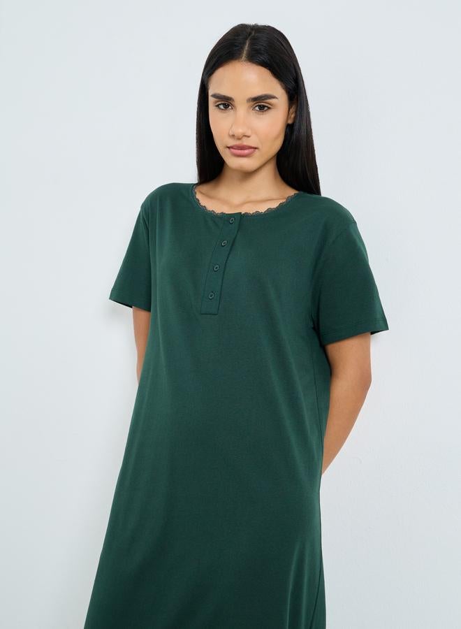 Styli Solid Yoke Button Placket Nightdress - Image 1
