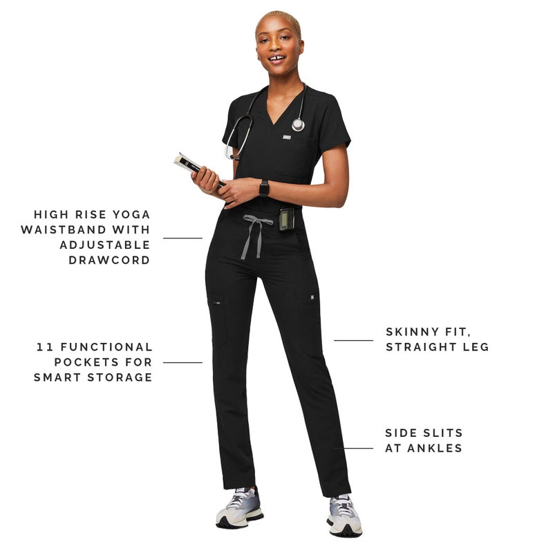 FIGS YOLA High Waisted Skinny Scrub Pants for Women â€” 11 Pockets, 4-Way Stretch, Yoga Waistband - Black, Regular M - Image 3