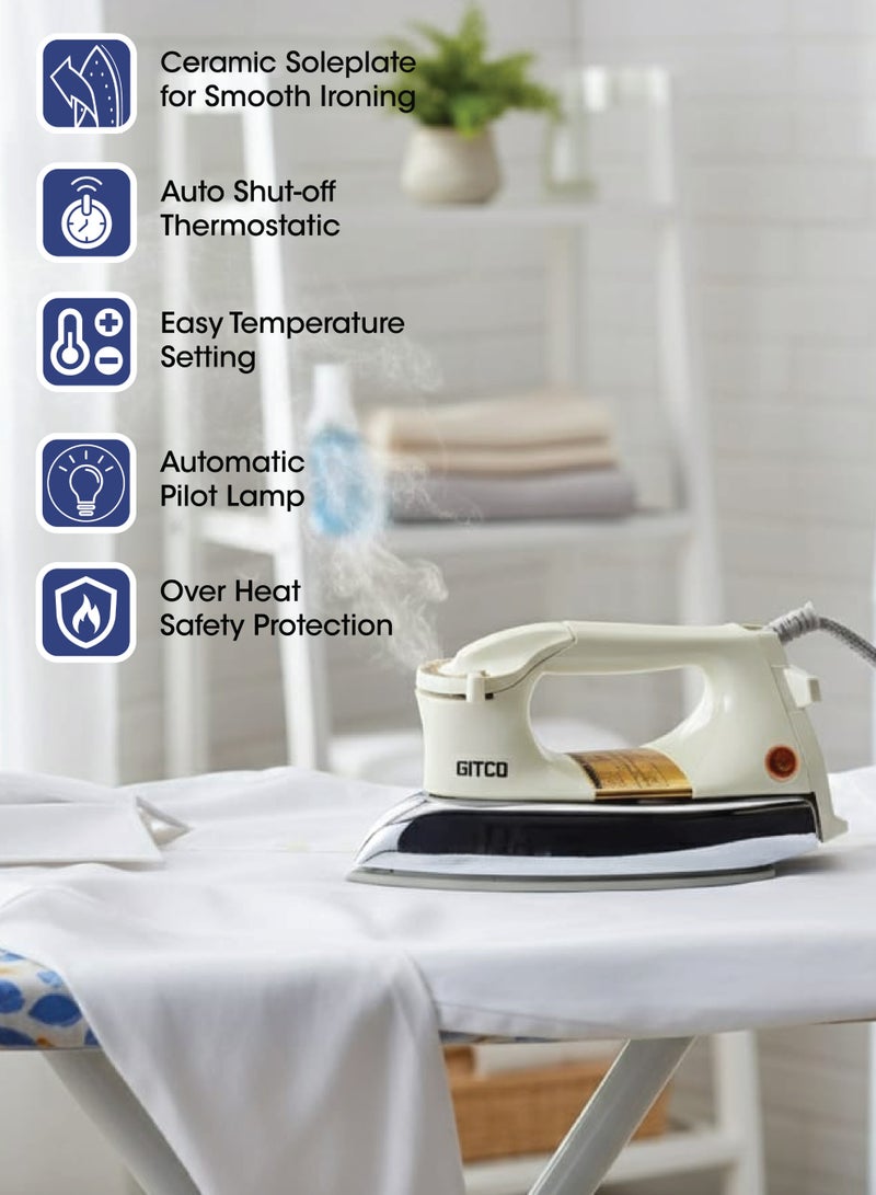 جيتكو مكواة جافة ثقيلة الوزن مع حماية من ارتفاع الحرارة | صفيحة سيراميكية ذهبية | إيقاف تلقائي | درجة حرارة قابلة للتعديل | حماية من ارتفاع الحرارة - GI1502 أبيض/فضي/ذهبي - Image 2