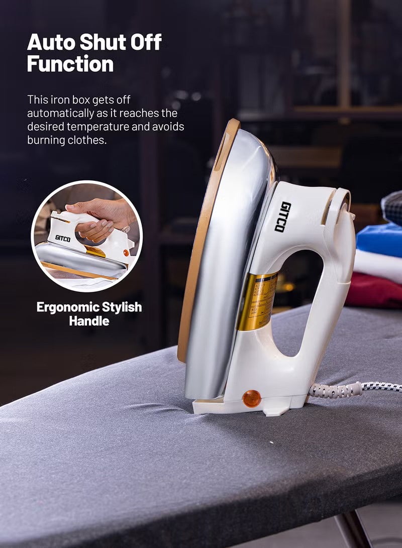 جيتكو مكواة جافة ثقيلة الوزن مع حماية من ارتفاع الحرارة | صفيحة سيراميكية ذهبية | إيقاف تلقائي | درجة حرارة قابلة للتعديل | حماية من ارتفاع الحرارة - GI1502 أبيض/فضي/ذهبي - Image 5