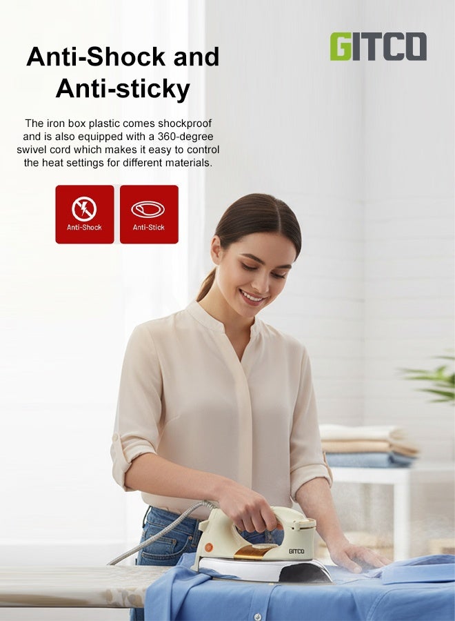 جيتكو مكواة جافة ثقيلة الوزن مع حماية من ارتفاع الحرارة | صفيحة سيراميكية ذهبية | إيقاف تلقائي | درجة حرارة قابلة للتعديل | حماية من ارتفاع الحرارة - GI1502 أبيض/فضي/ذهبي - Image 4