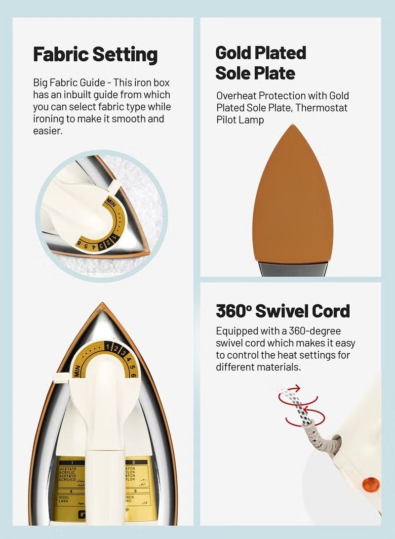 جيتكو مكواة جافة ثقيلة الوزن مع حماية من ارتفاع الحرارة | صفيحة سيراميكية ذهبية | إيقاف تلقائي | درجة حرارة قابلة للتعديل | حماية من ارتفاع الحرارة - GI1502 أبيض/فضي/ذهبي - Image 3