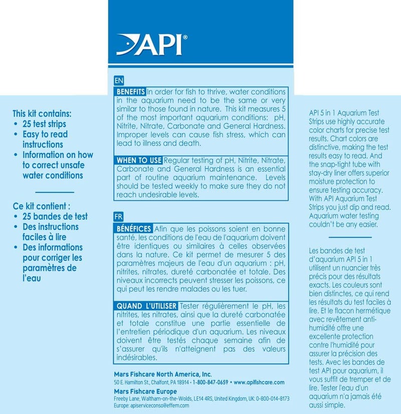 ايه بي آي شرائط اختبار API 5 في 1 لأحواض المياه العذبة والمالحة، علبة تحتوي على 25 شريط - Image 1