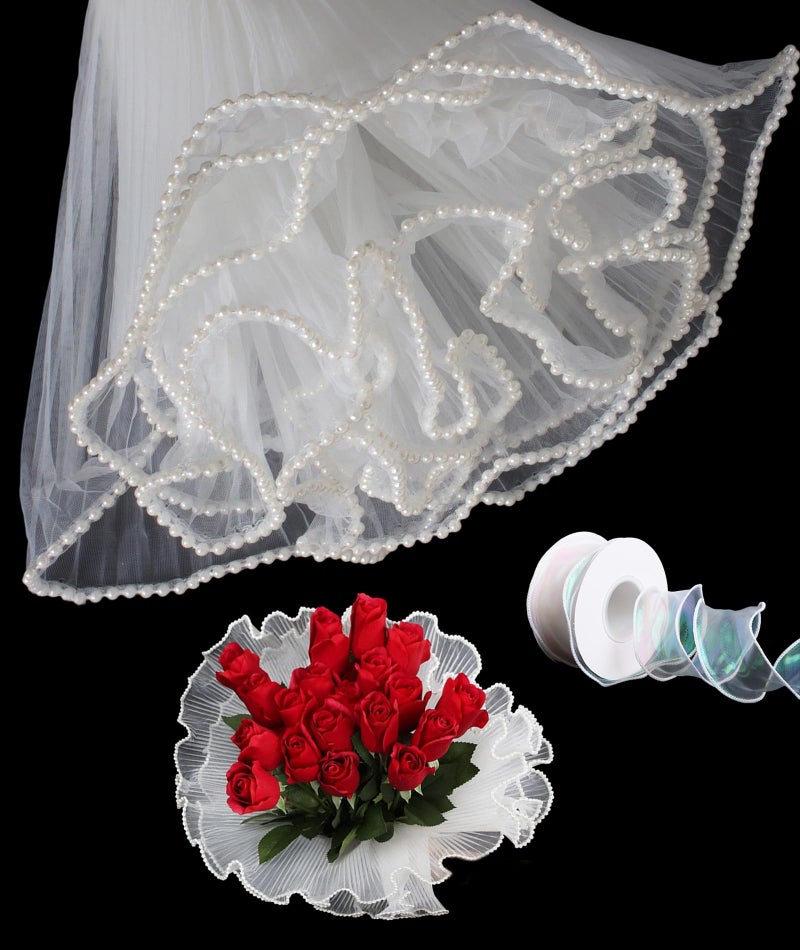 VayuSrot Bouquet Wrapping Paper, Pearl Gauze and Ribbon Set for Flower Arrangements, Wedding Bouquets, DIY Floral Decorations - Image 1