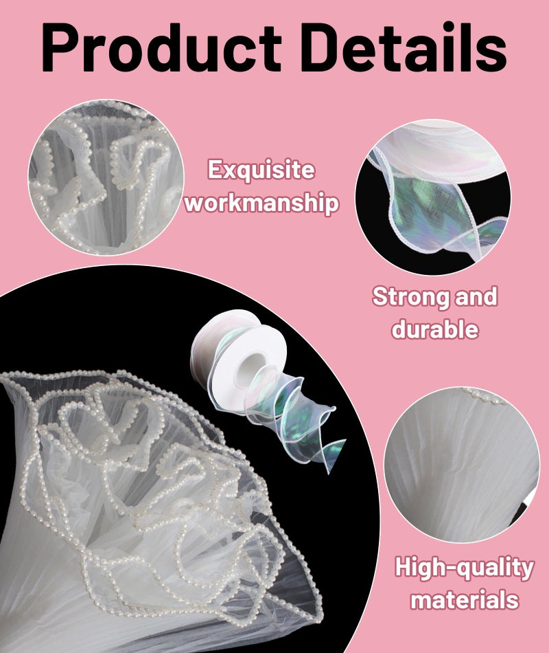 VayuSrot Bouquet Wrapping Paper, Pearl Gauze and Ribbon Set for Flower Arrangements, Wedding Bouquets, DIY Floral Decorations - Image 3