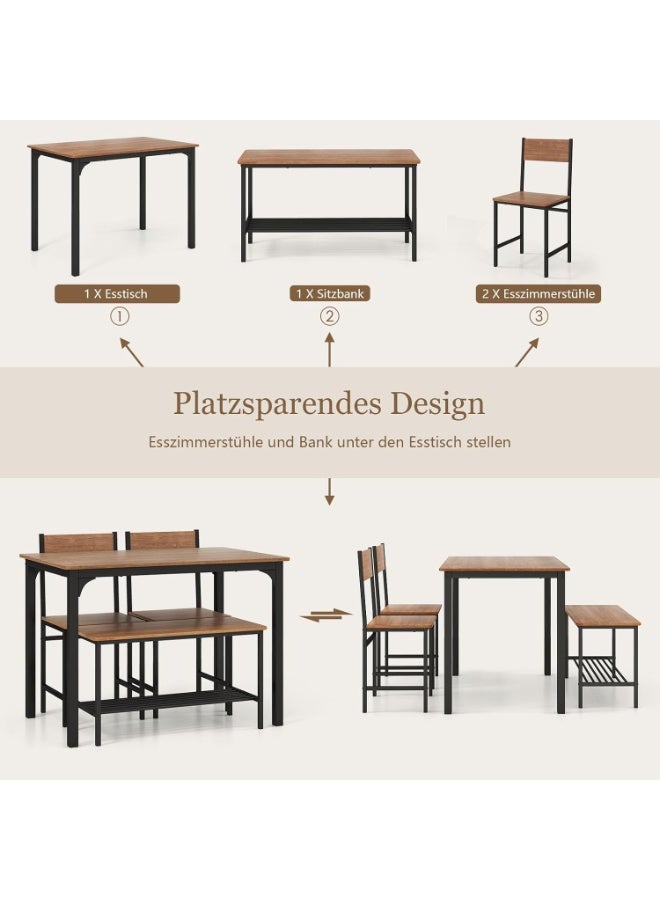 Modern 4-Piece Dining Table Set with 2 Chairs & Bench, Industrial Style Dining Room Furniture, Rectangular 110×70×76 cm Table with Storage Shelf, Compact Kitchen Table Set for Small Spaces, Sturdy Metal Frame & Durable MDF Wood – Easy Assembly - Image 1