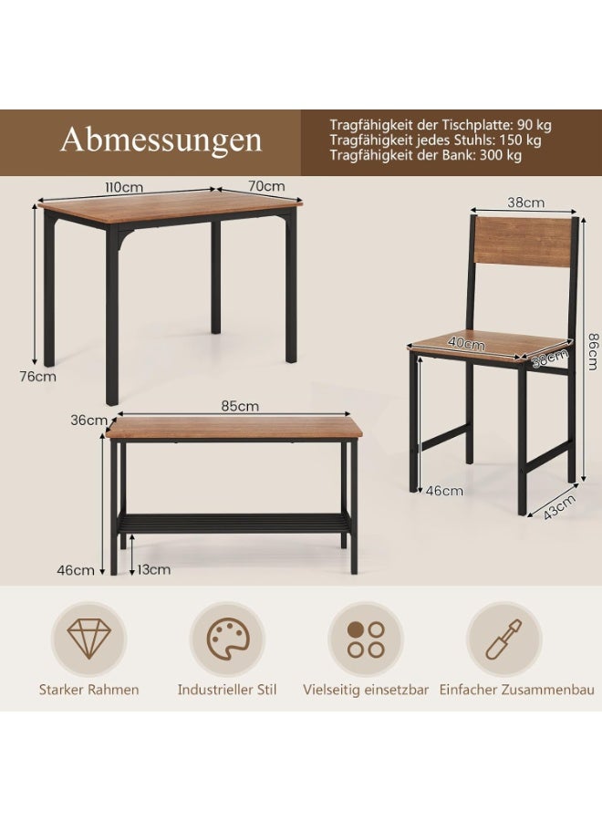 Modern 4-Piece Dining Table Set with 2 Chairs & Bench, Industrial Style Dining Room Furniture, Rectangular 110×70×76 cm Table with Storage Shelf, Compact Kitchen Table Set for Small Spaces, Sturdy Metal Frame & Durable MDF Wood – Easy Assembly - Image 2