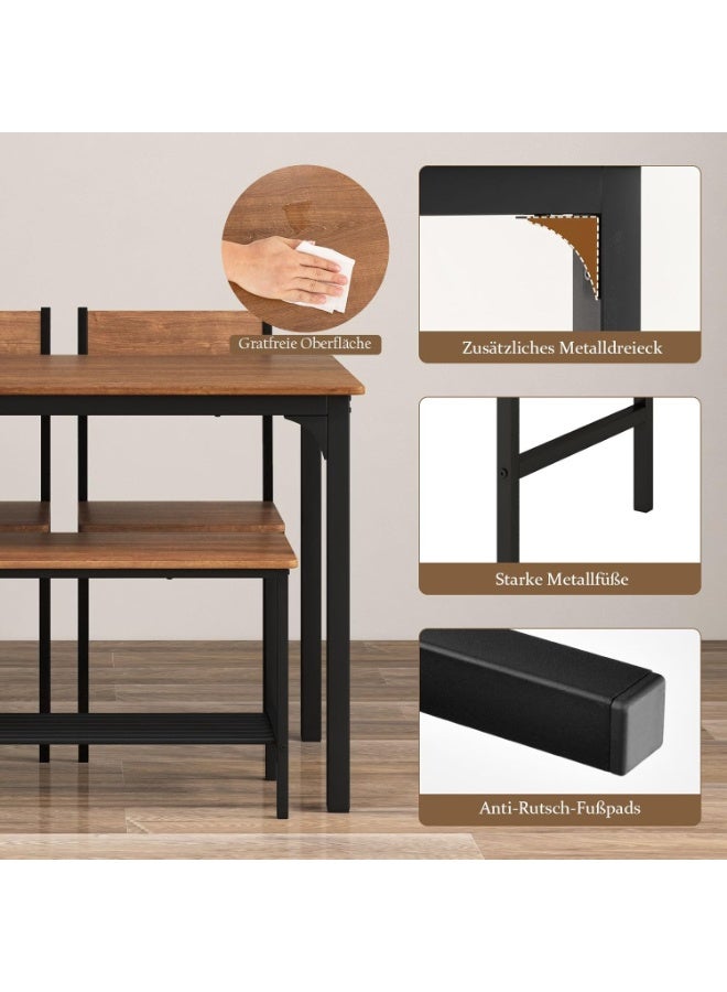 Modern 4-Piece Dining Table Set with 2 Chairs & Bench, Industrial Style Dining Room Furniture, Rectangular 110×70×76 cm Table with Storage Shelf, Compact Kitchen Table Set for Small Spaces, Sturdy Metal Frame & Durable MDF Wood – Easy Assembly - Image 3