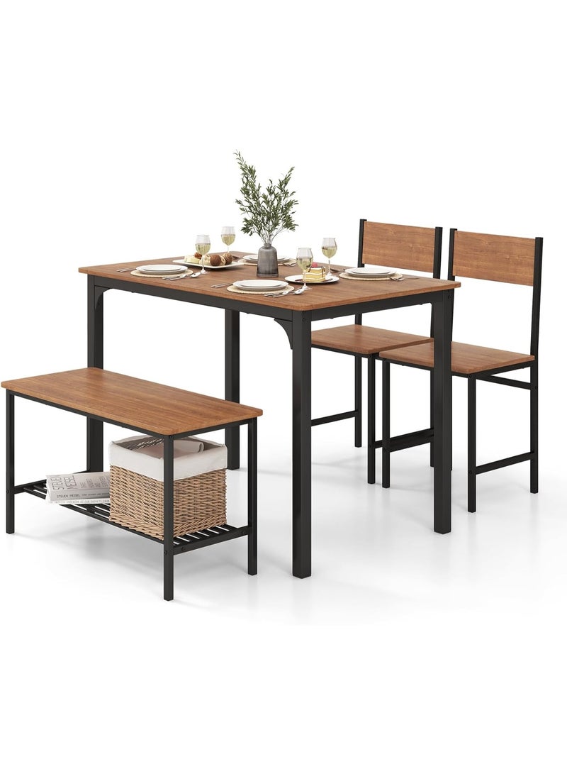 Modern 4-Piece Dining Table Set with 2 Chairs & Bench, Industrial Style Dining Room Furniture, Rectangular 110×70×76 cm Table with Storage Shelf, Compact Kitchen Table Set for Small Spaces, Sturdy Metal Frame & Durable MDF Wood – Easy Assembly - Image 4