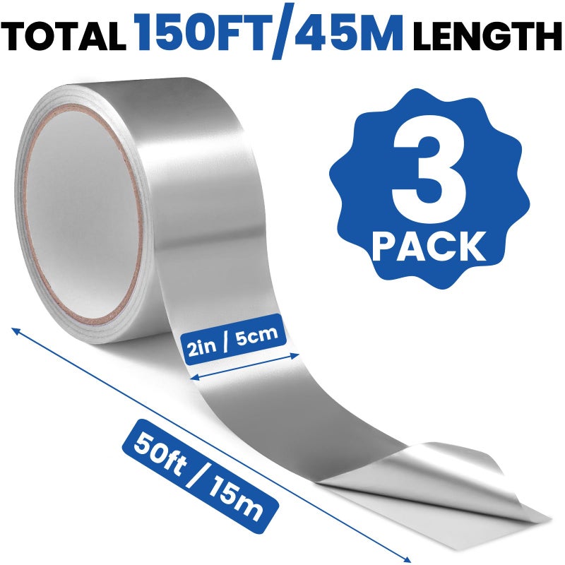 NUITPY 3 Pack Aluminum Foil Tape, 3.9 mil 2" x 150 Feet Total Foil Tape, Silver High Temperature Tape, Metal Tapes, Seal HVAC Tape, Insulation Foil Tape for Ductwork, HVAC, Dryer Vent, Seal - Image 2