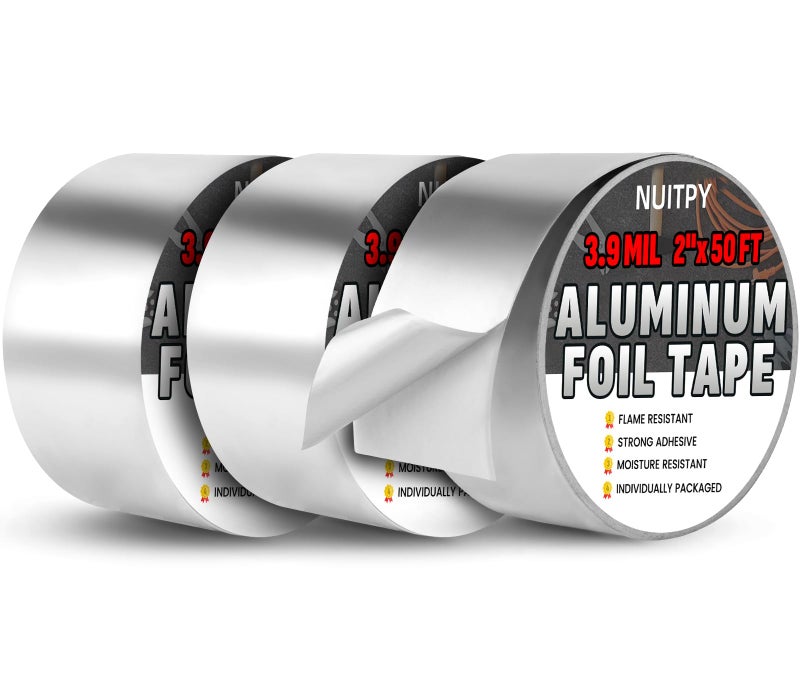 NUITPY 3 Pack Aluminum Foil Tape, 3.9 mil 2" x 150 Feet Total Foil Tape, Silver High Temperature Tape, Metal Tapes, Seal HVAC Tape, Insulation Foil Tape for Ductwork, HVAC, Dryer Vent, Seal - Image 1