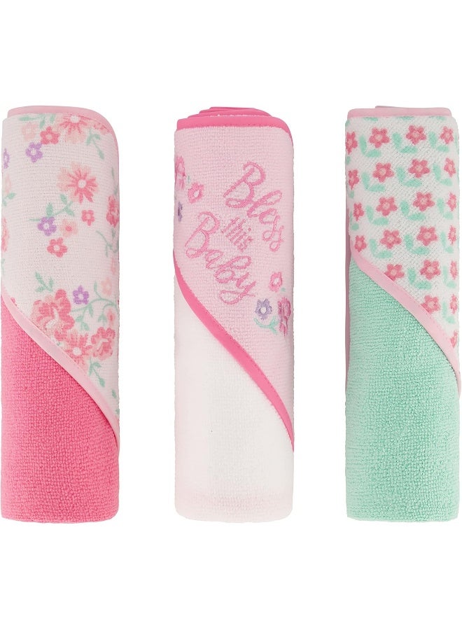 Cudlie Buttons & Stitches Baby Girl 3 Pack Rolled/Carded Hooded Towels In Bless This Baby Print - Image 1