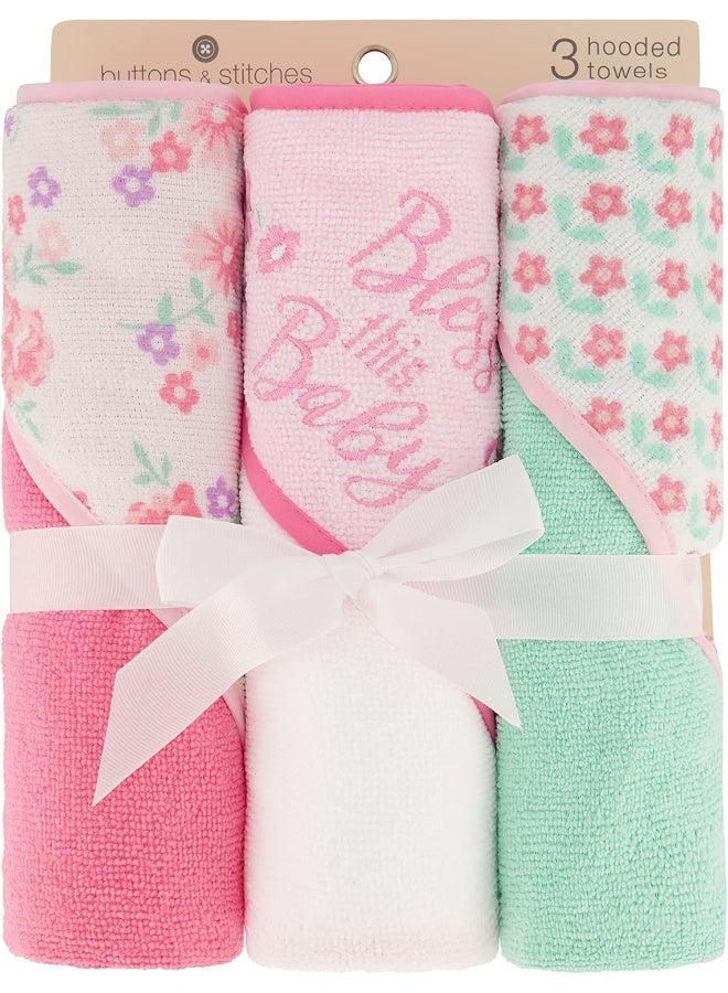Cudlie Buttons & Stitches Baby Girl 3 Pack Rolled/Carded Hooded Towels In Bless This Baby Print - Image 2