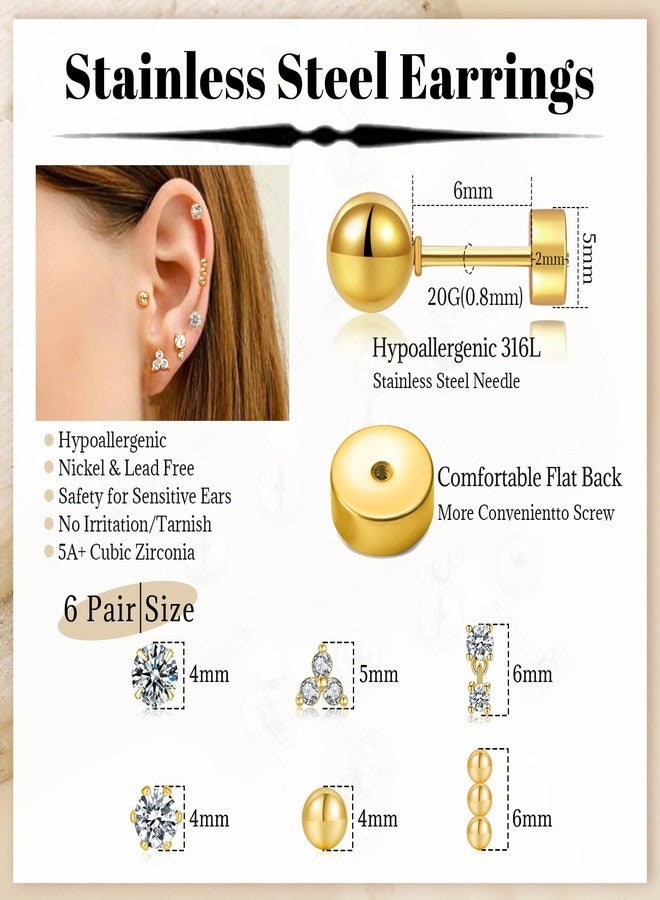 سنتريا أقراط سينتيريا المرصعة بالفولاذ المقاوم للصدأ للنساء، مضادة للحساسية، ذات ظهر مسطح، أقراط صغيرة من الفولاذ المقاوم للصدأ، مجموعة أقراط صغيرة للغضروف مناسبة لثقوب متعددة، 6 أزواج - Image 4