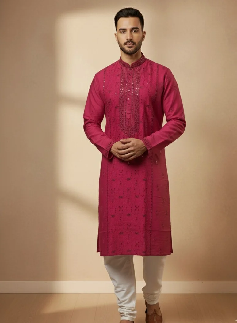 Lehar Men's Red Embroidered Kurta Set with Sequin Embellishments