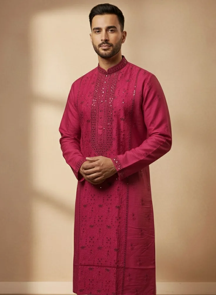 Lehar Men's Red Embroidered Kurta Set with Sequin Embellishments